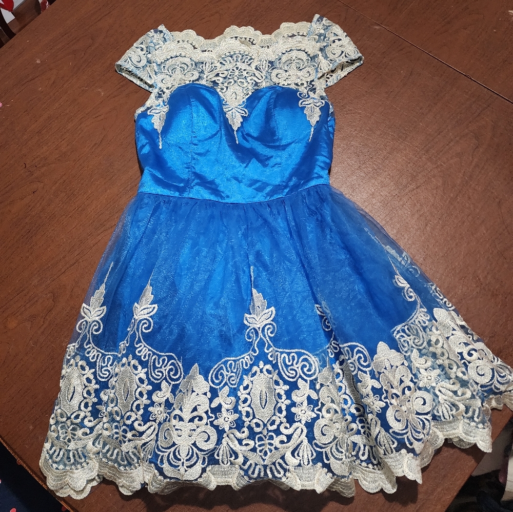 Chi Chi London Royal Blue and Cream Lace Kids Dress - Picture 2 of 6